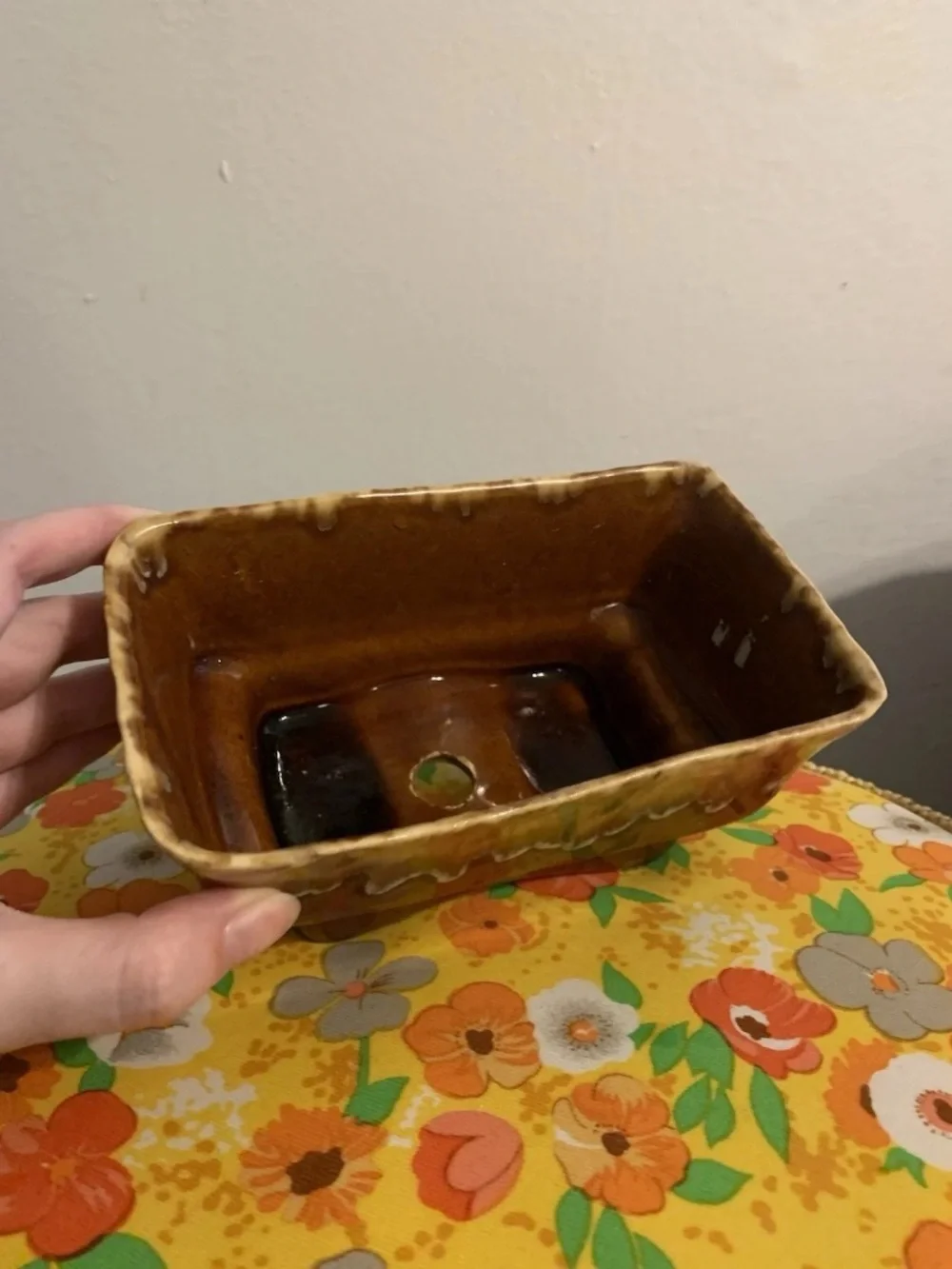 Mid-Century Drip Glaze McCoy Ceramic Rectangle Planter Brown Beige Drain